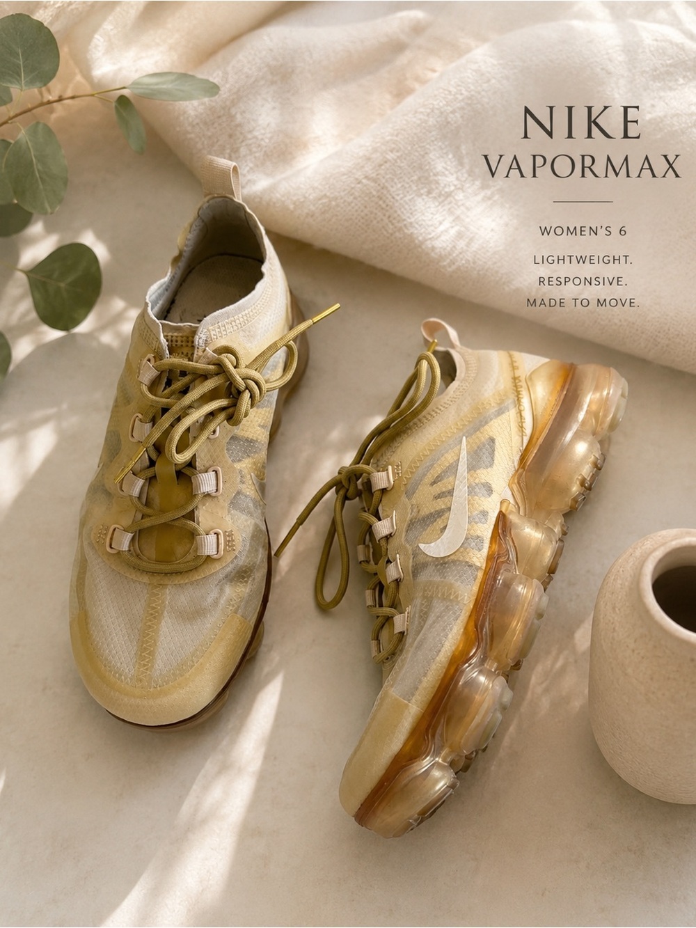 Nike Women's VaporMax Sneakers in Pale Yellow and Gold Accents
